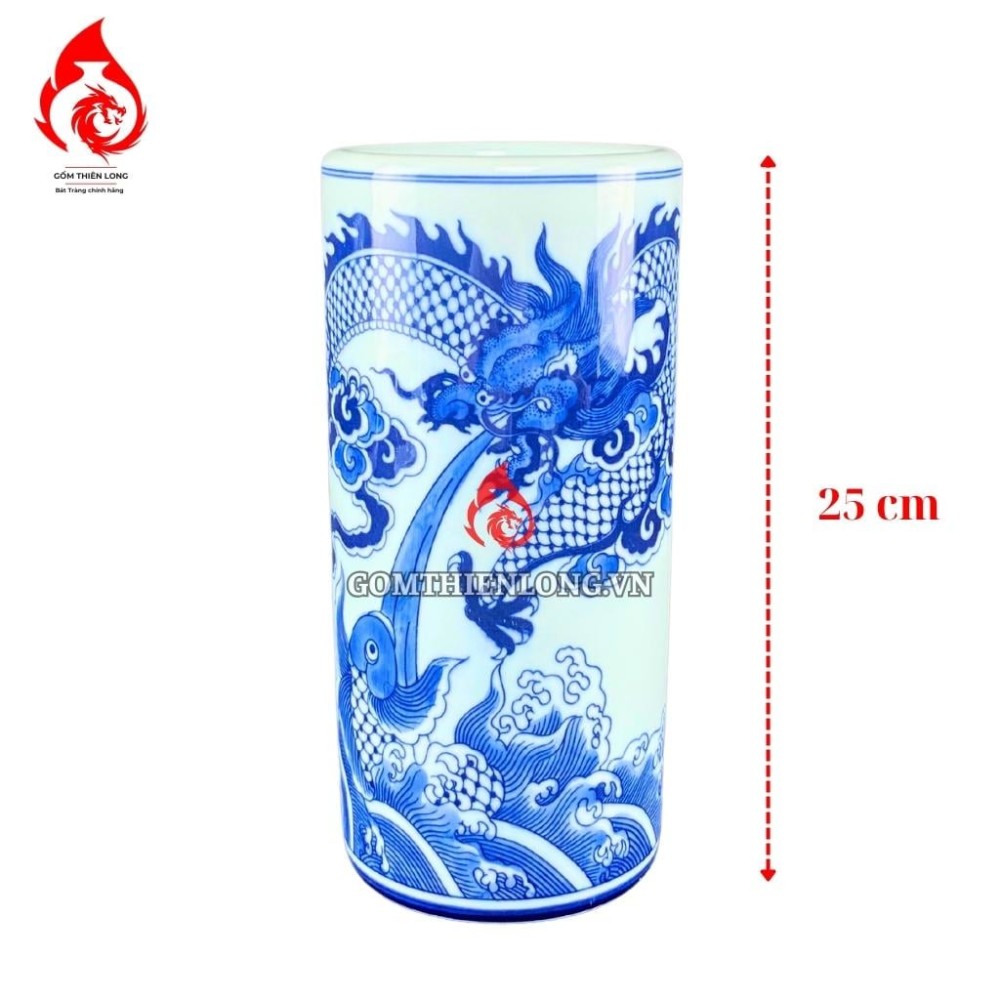 Ống Đựng Nhang Bằng Sứ Men Lam Ngọc Vẽ Long Cuốn Thủy 231091R