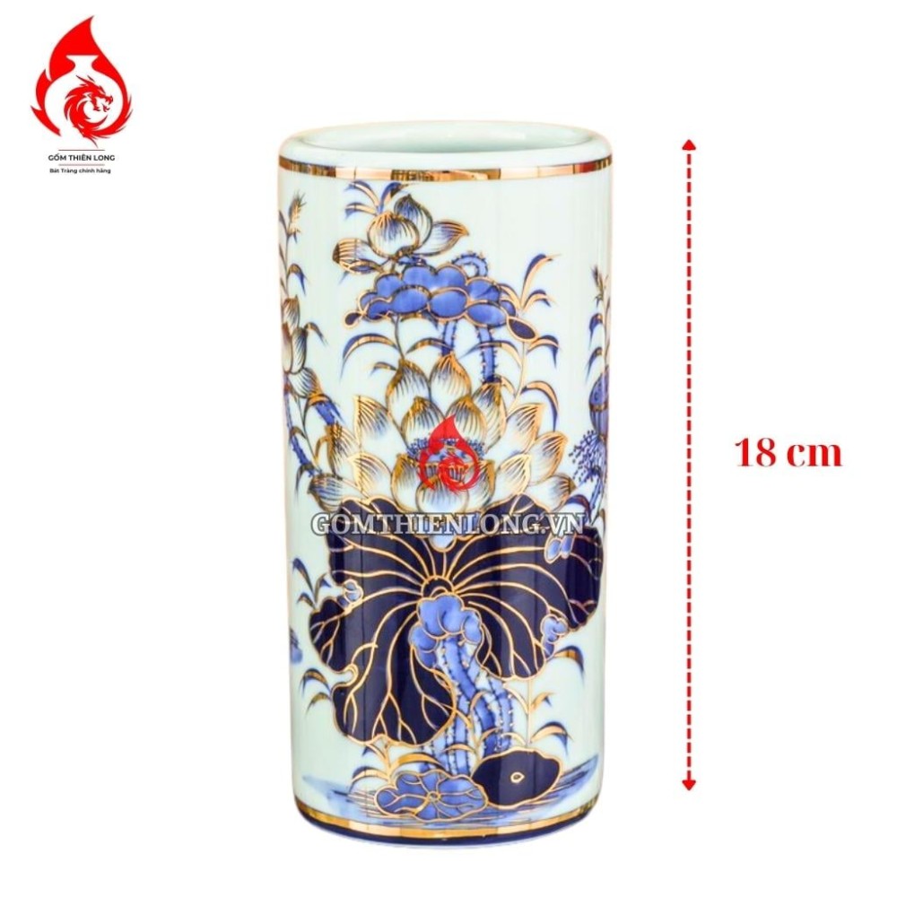 Ống Đựng Nhang Bằng Sứ Men Lam Ngọc Vẽ Vàng Hoa Sen 231092