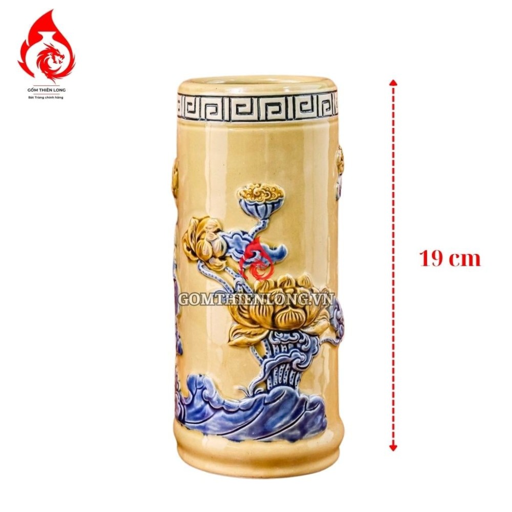 Ống Đựng Nhang Bằng Sứ Men Vàng Hoàng Tộc Đắp Nổi Hoa Sen 231094