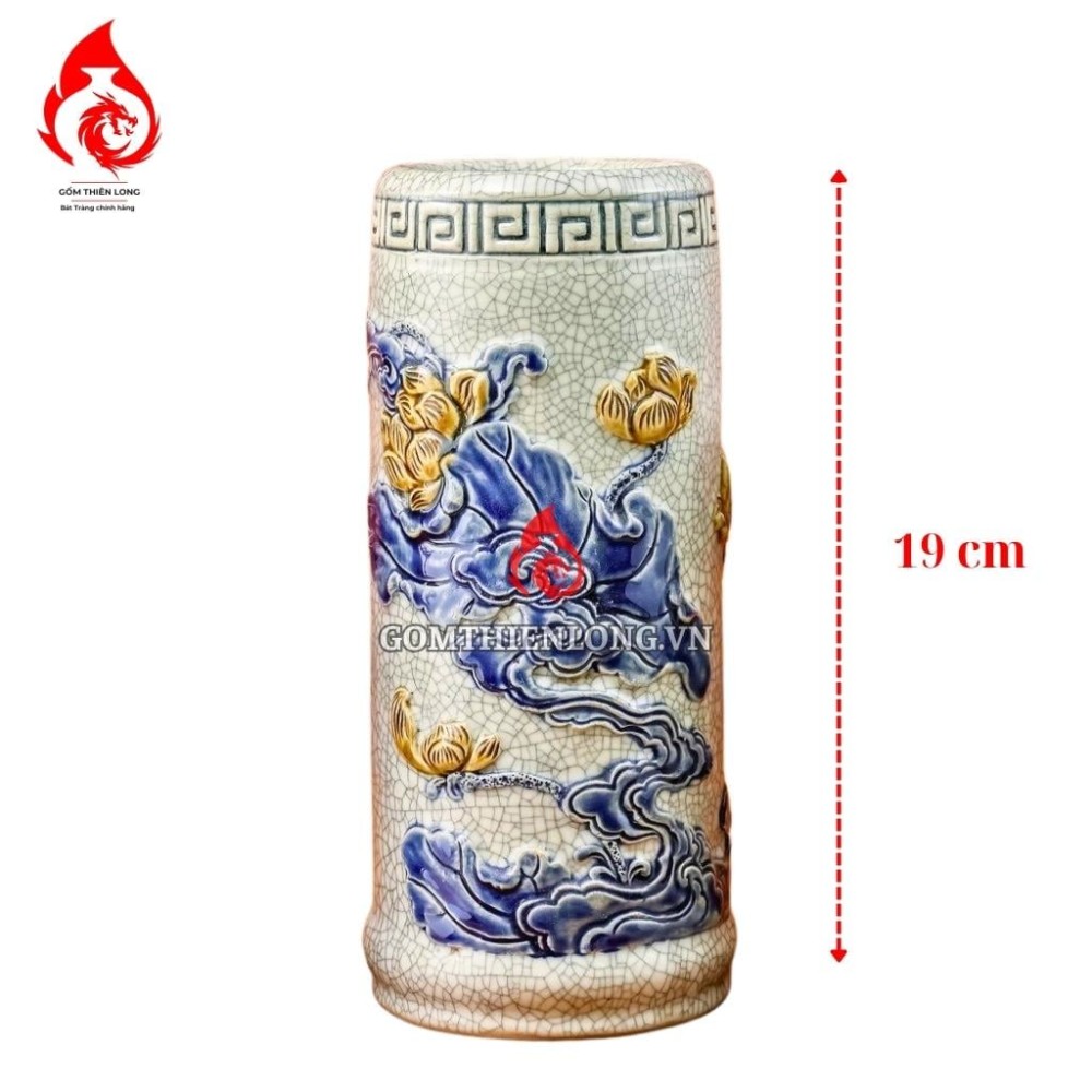 Ống Đựng Nhang Bằng Sứ Men Rạn Đắp Nổi Hoa Sen 231095