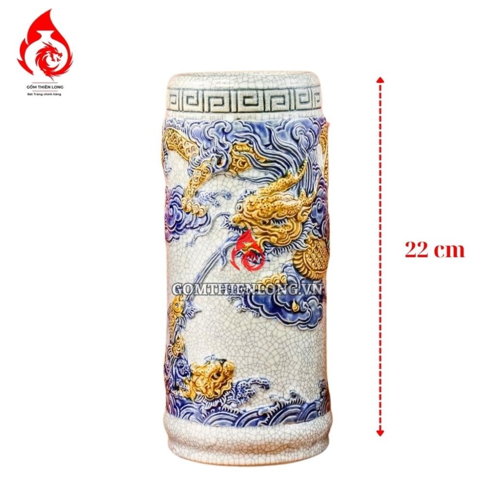 Ống Đựng Nhang Bằng Sứ Men Rạn Đắp Nổi Long Cuốn Thủy 231096