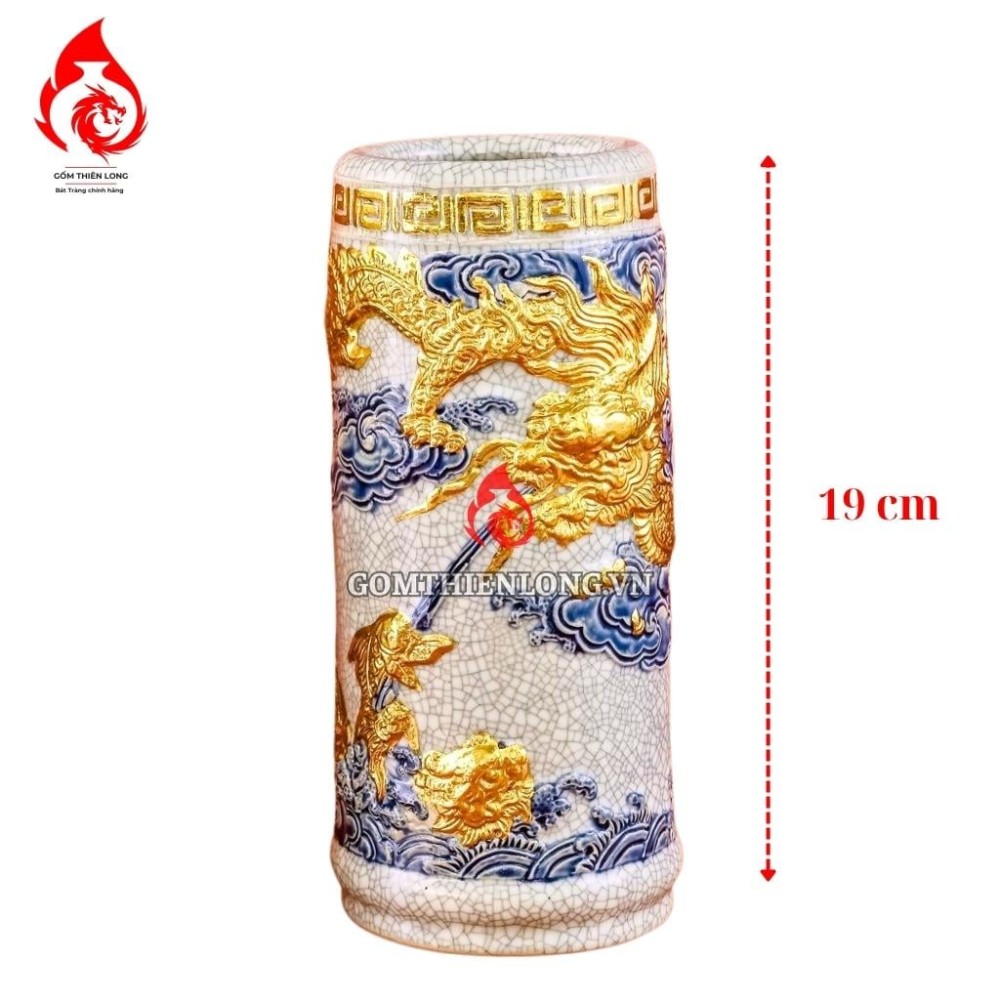 Ống Đựng Nhang Bằng Sứ Men Rạn Dát Vàng Long Cuốn Thủy 231097