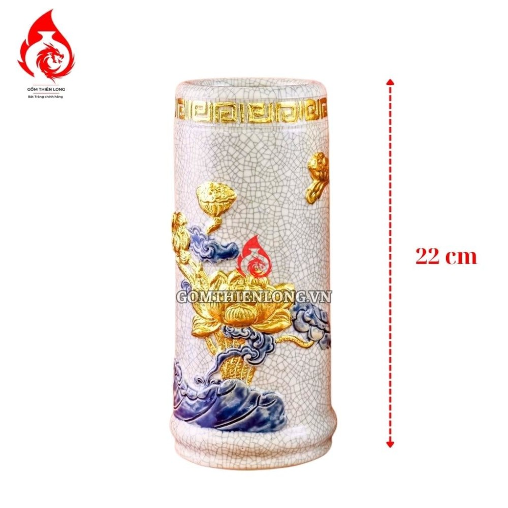 Ống Đựng Nhang Bằng Sứ Men Rạn Dát Vàng Hoa Sen 231098
