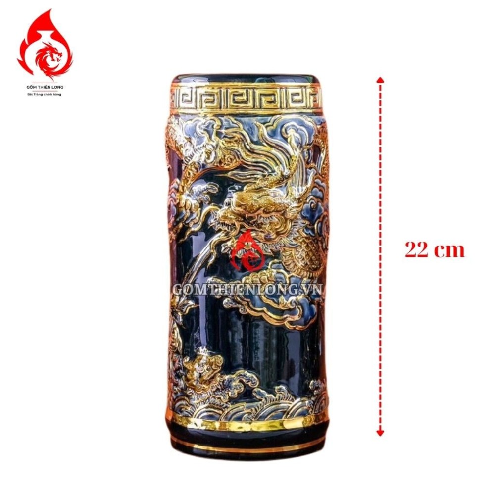 Ống Đựng Nhang Bằng Sứ Men Xanh Tím Vẽ Vàng Long Cuốn Thủy 231101
