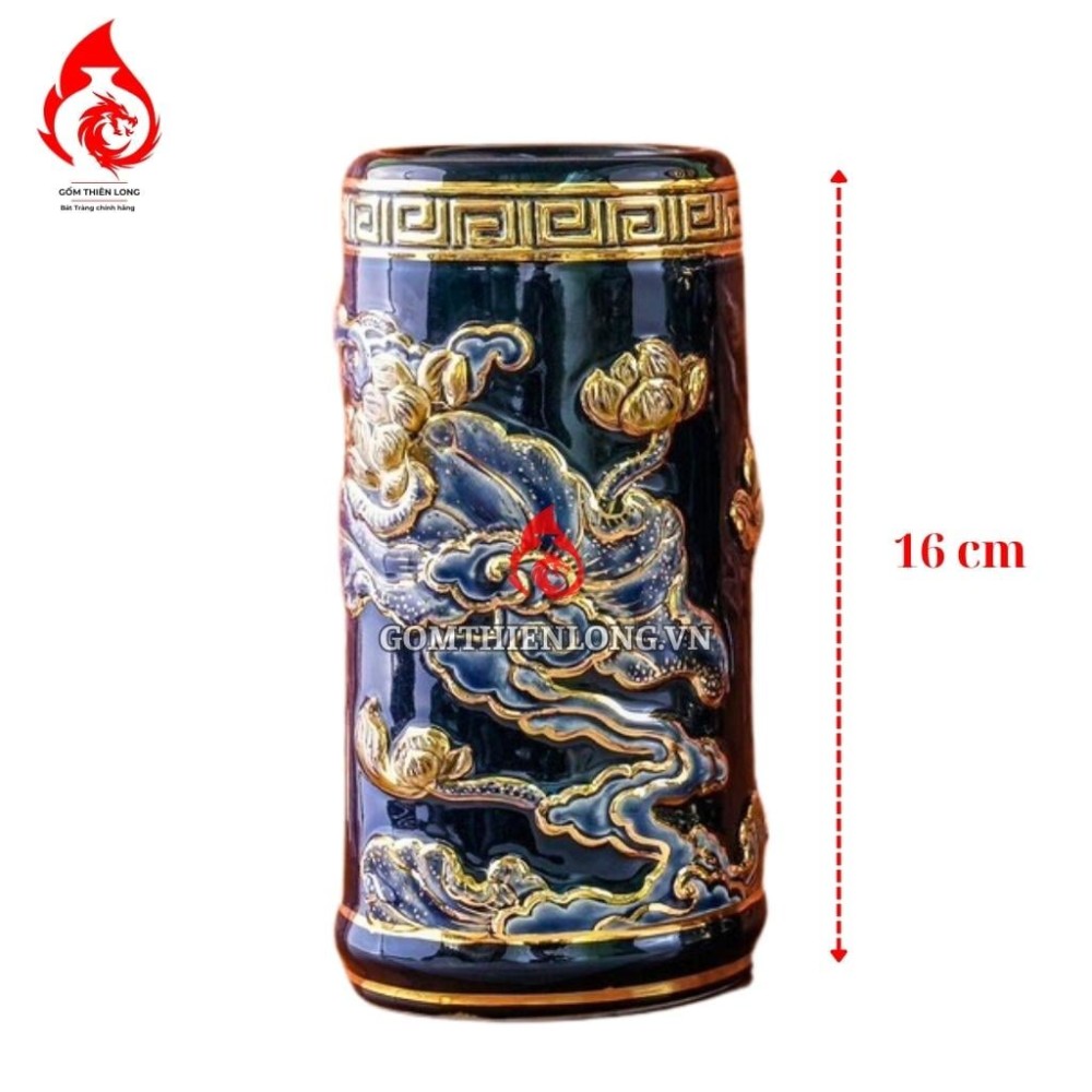 Ống Đựng Nhang Bằng Sứ Men Xanh Tím Vẽ Vàng Hoa Sen 231102