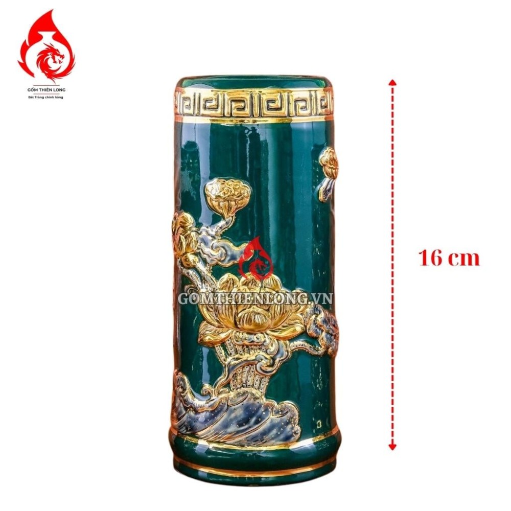 Ống Đựng Nhang Bằng Sứ Men Xanh Lục Bảo Vẽ Vàng Hoa Sen 231103