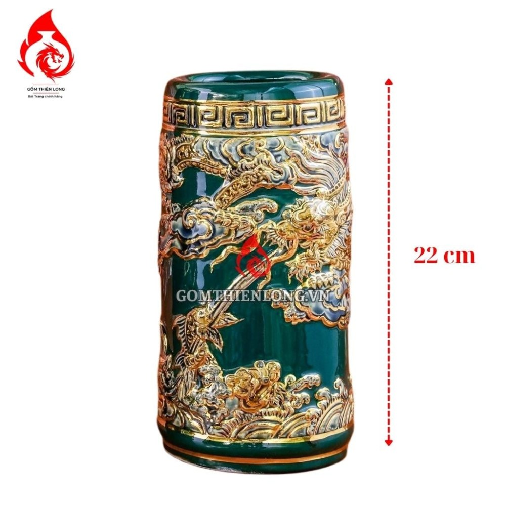 Ống Đựng Nhang Bằng Sứ Men Xanh Lục Bảo Vẽ Vàng Long Cuốn Thủy 231104