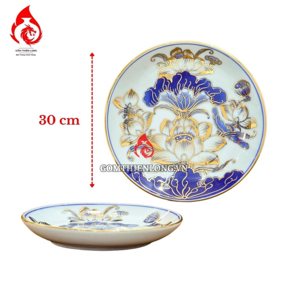 Mâm Bồng Sứ Bát Tràng Men Lam Vẽ Vàng Hoa Sen 231110
