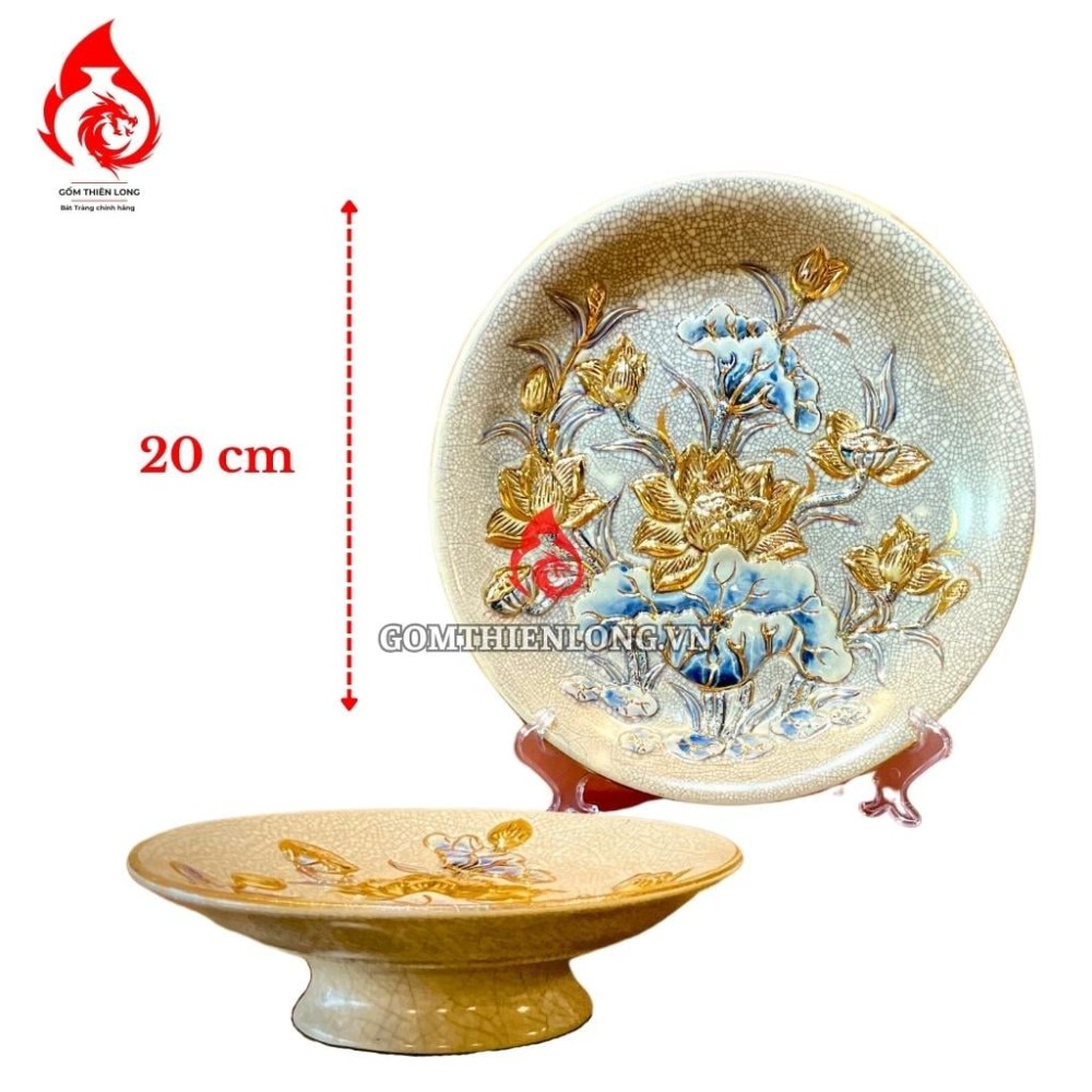 Mâm Bồng Sứ Men Rạn Đắp Nổi Vẽ Vàng Hoa Sen 231111