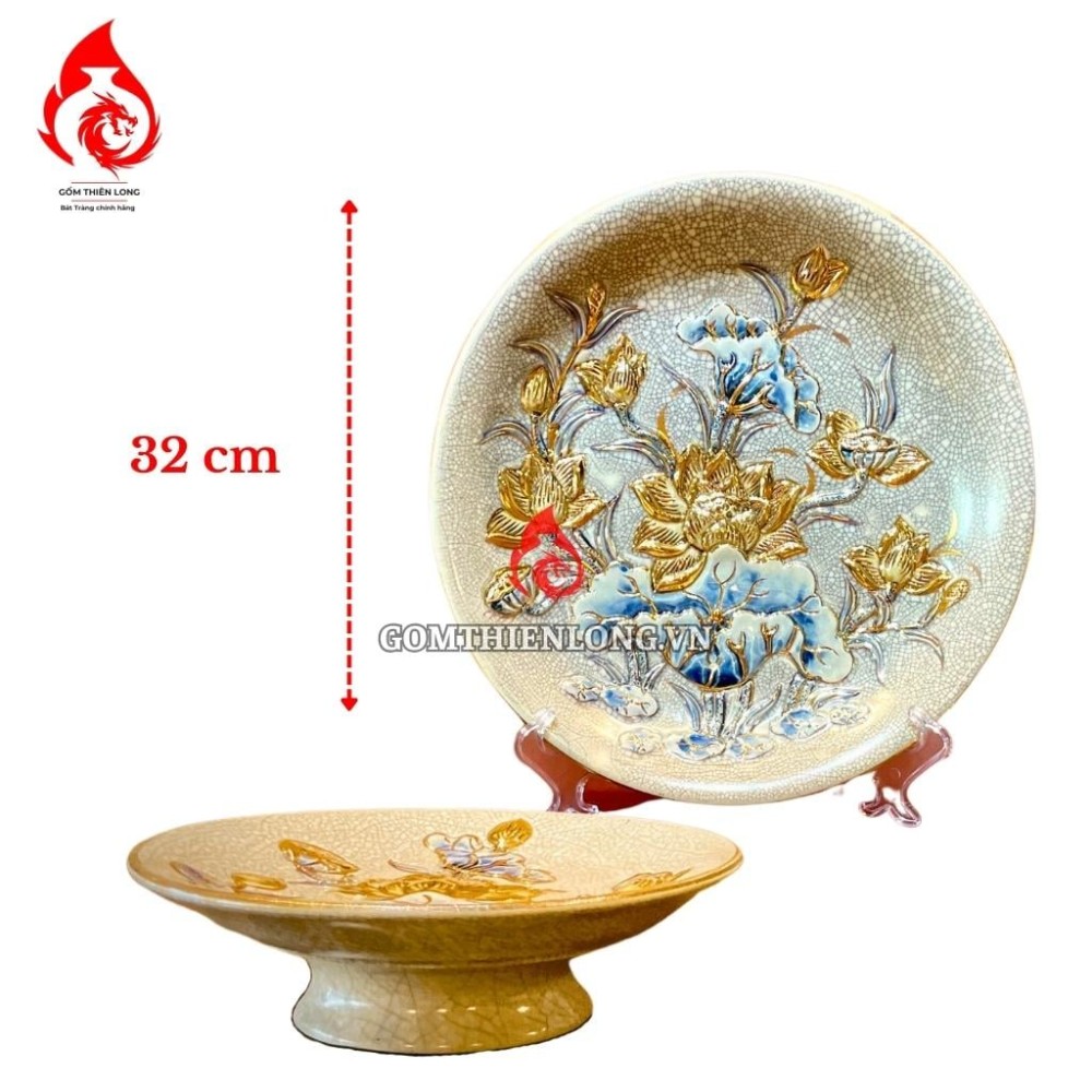 Mâm Bồng Sứ Men Rạn Đắp Nổi Vẽ Vàng Hoa Sen 231111