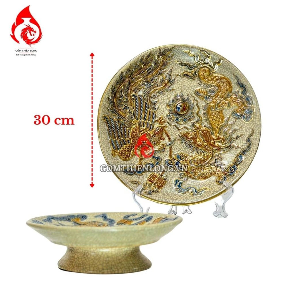 Mâm Bồng Sứ Men Rạn Đắp Nổi Vẽ Vàng Rồng Phượng 231112