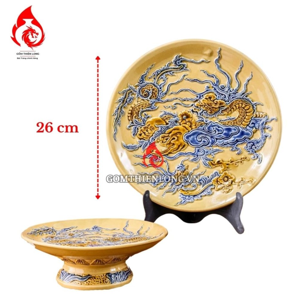 Mâm Bồng Sứ Bát Tràng Men Vàng Hoàng Tộc Đắp Nổi Rồng Phượng 231113