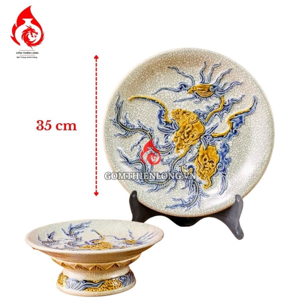 Mâm Bồng Sứ Bát Tràng Men Rạn Đắp Nổi Phượng Đào 231115