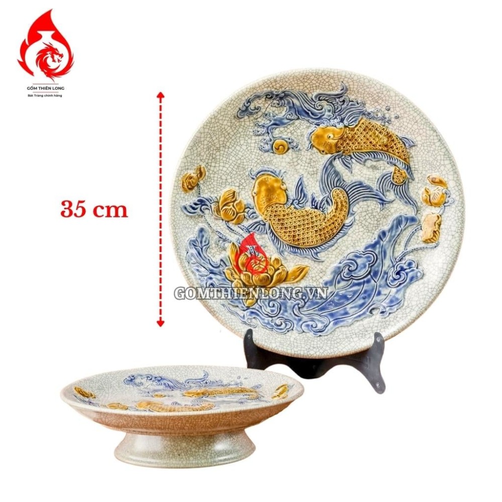 Mâm Bồng Sứ Bát Tràng Men Rạn Đắp Nổi Sen Cá 231116