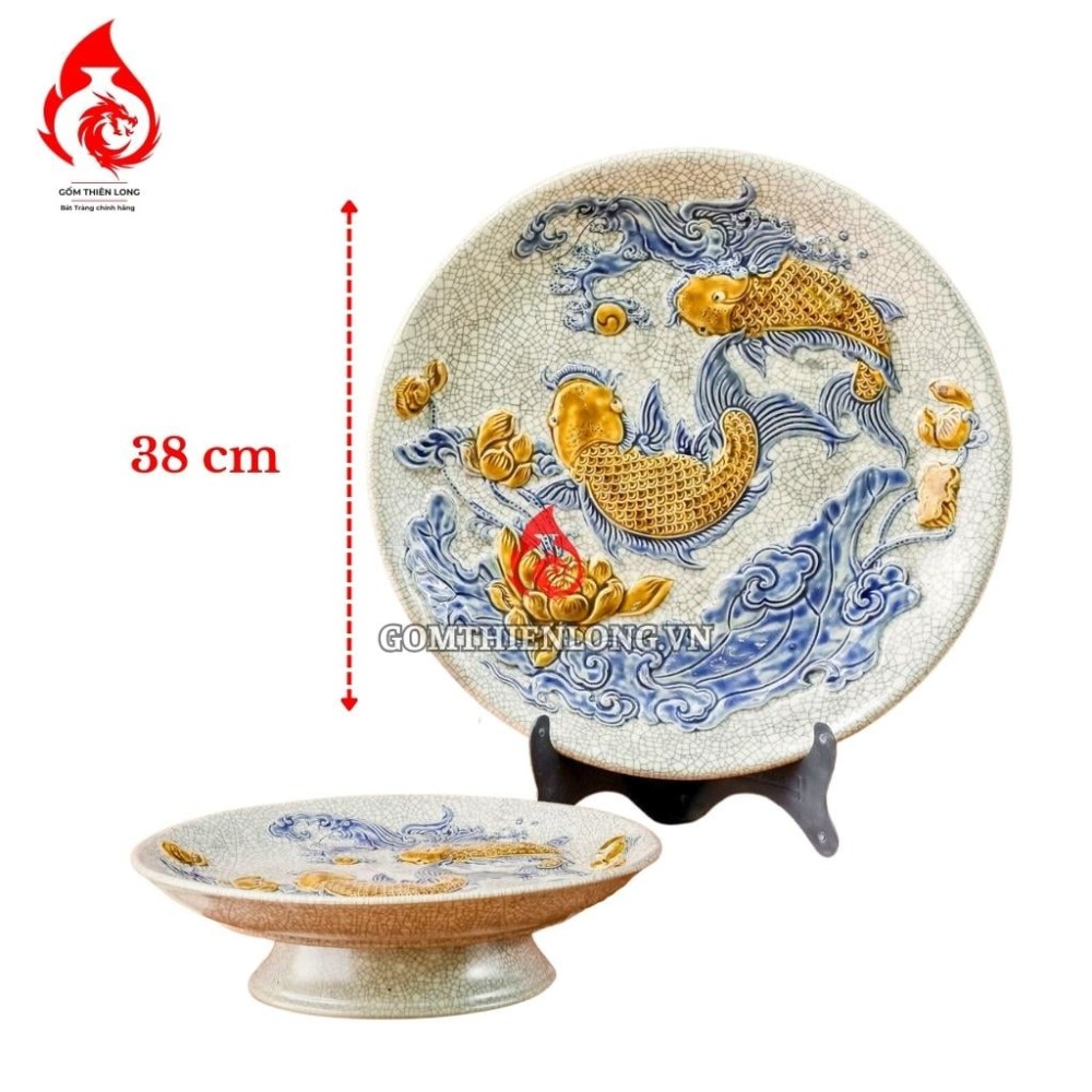 Mâm Bồng Sứ Bát Tràng Men Rạn Đắp Nổi Sen Cá 231116