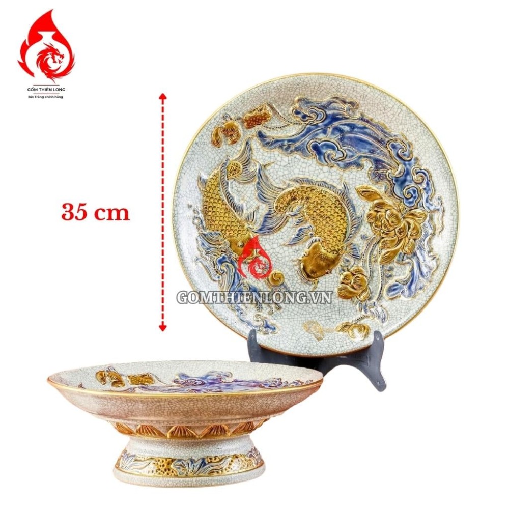 Mâm Bồng Sứ Bát Tràng Men Rạn Đắp Nổi Vẽ Vàng Sen Cá 231117