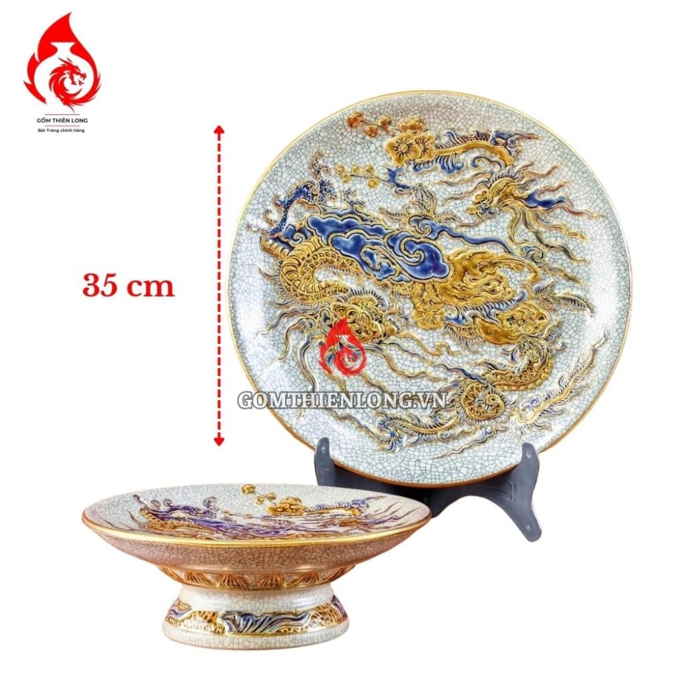 Mâm Bồng Sứ Bát Tràng Men Rạn Đắp Nổi Vẽ Vàng Rồng Phượng 231118