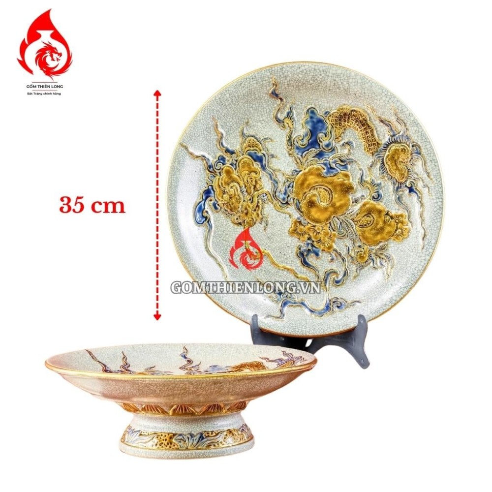 Mâm Bồng Sứ Bát Tràng Men Rạn Đắp Nổi Vẽ Vàng Long Ẩn 231119