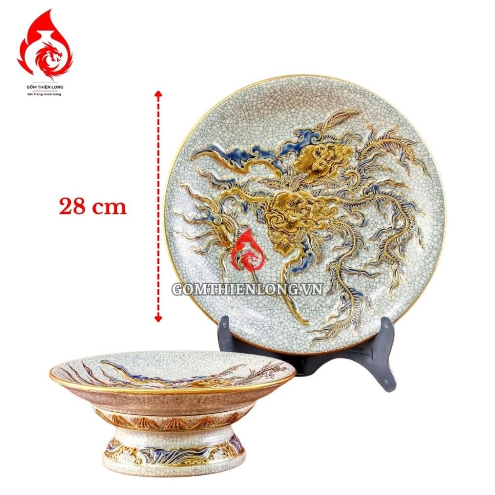 Mâm Bồng Sứ Bát Tràng Men Rạn Đắp Nổi Vẽ Vàng Phượng Đào 231120