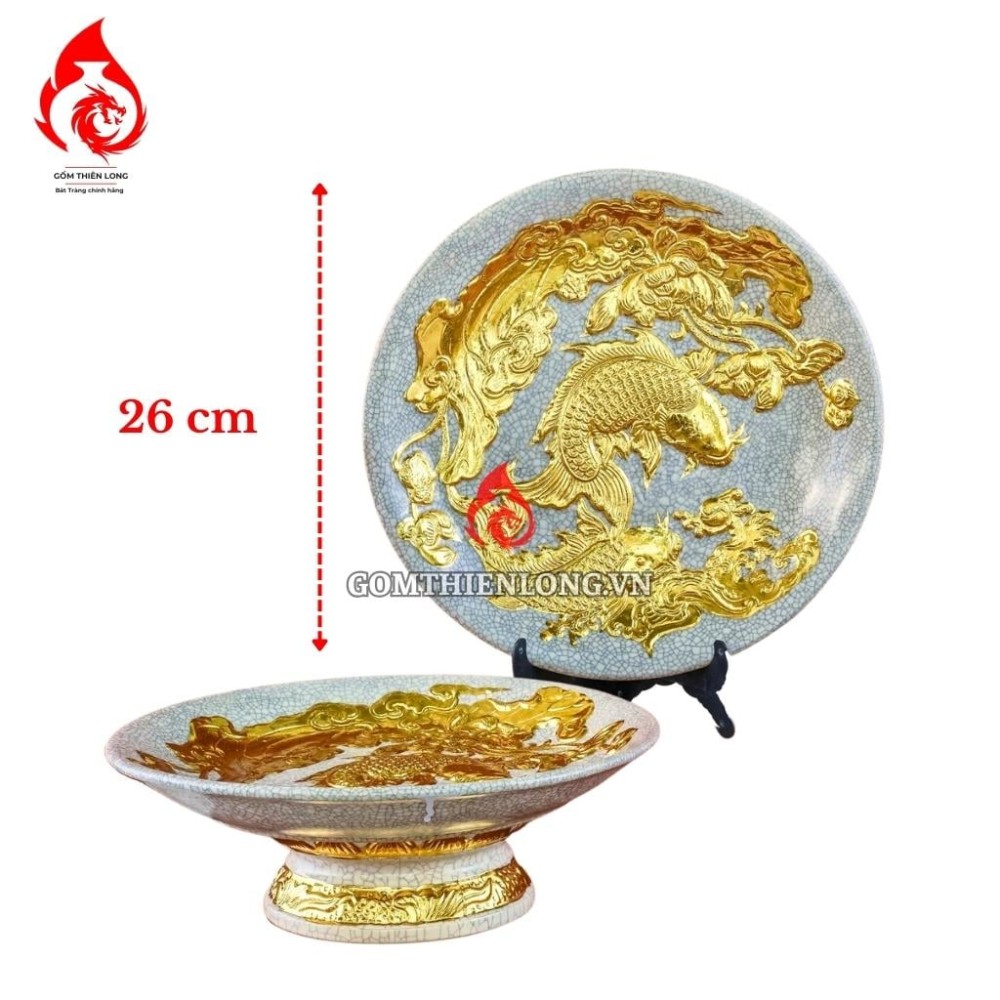 Mâm Bồng Sứ Bát Tràng Men Rạn Đắp Nổi Dát Vàng Sen Cá 231121