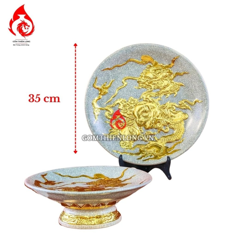 Mâm Bồng Sứ Bát Tràng Men Rạn Đắp Nổi Dát Vàng Long Ẩn 231122