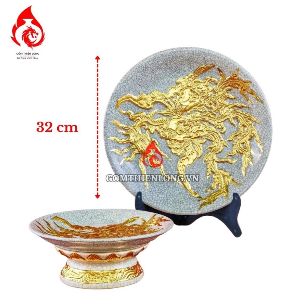 Mâm Bồng Sứ Bát Tràng Men Rạn Đắp Nổi Dát Vàng Phượng Đào 231123