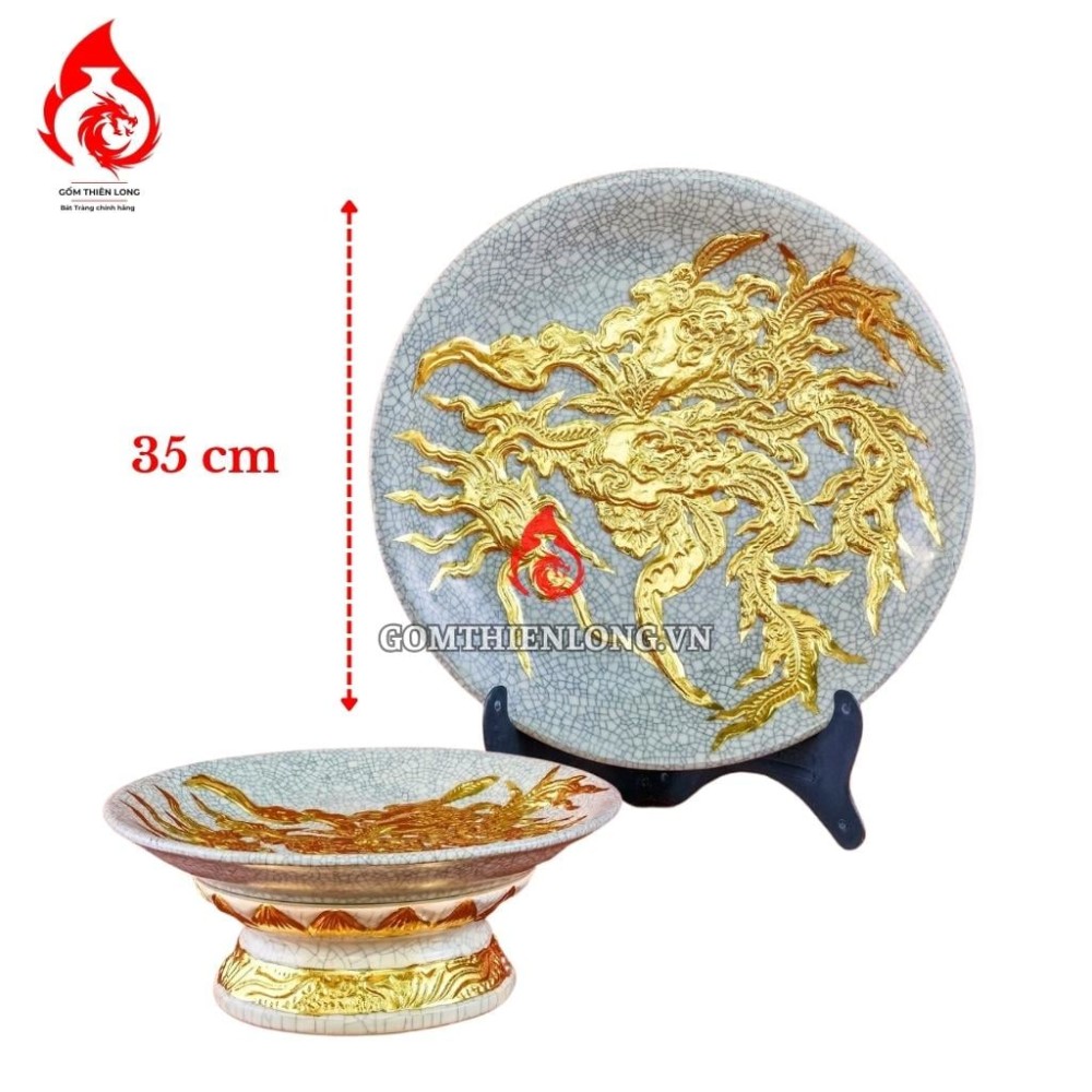 Mâm Bồng Sứ Bát Tràng Men Rạn Đắp Nổi Dát Vàng Phượng Đào 231123