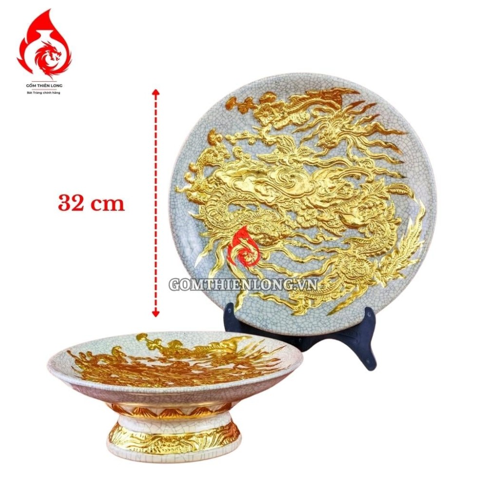 Mâm Bồng Sứ Bát Tràng Men Rạn Đắp Nổi Dát Vàng Rồng Phượng 231124