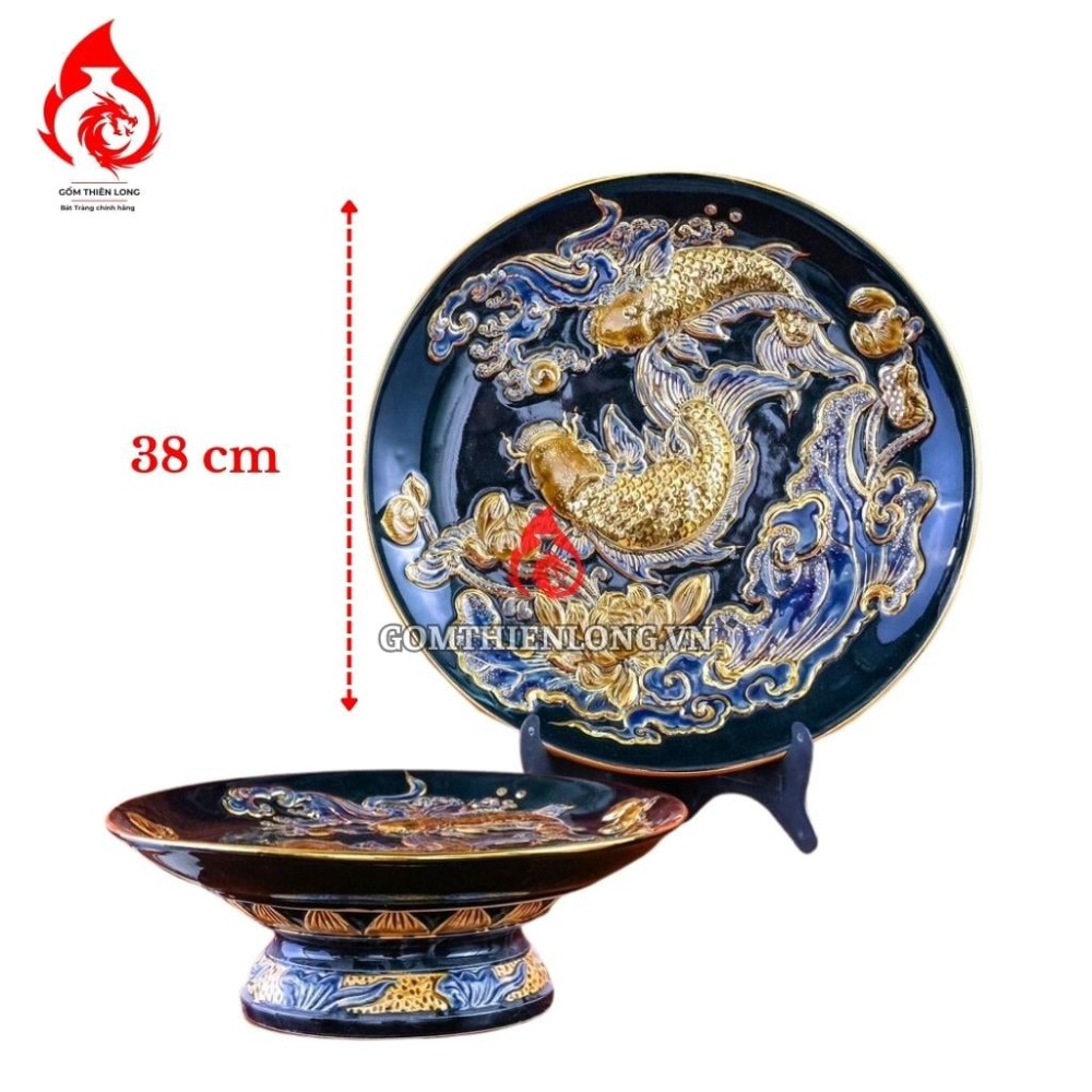 Mâm Bồng Sứ Bát Tràng Men Xanh Tím Đắp Nổi Vẽ Vàng Sen Cá 231125