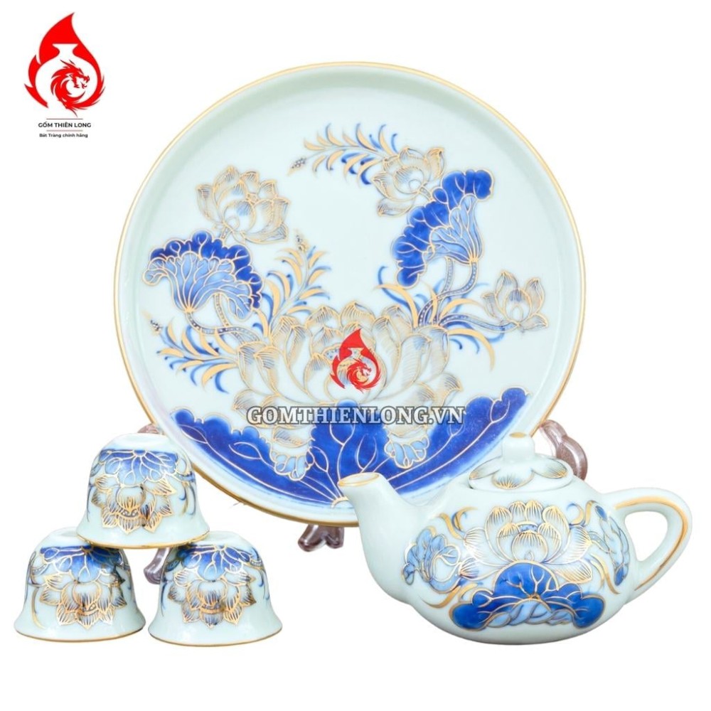 Bộ Ấm Chén Bàn Thờ Men Xanh Lam Vẽ Vàng Hoa Sen 231128