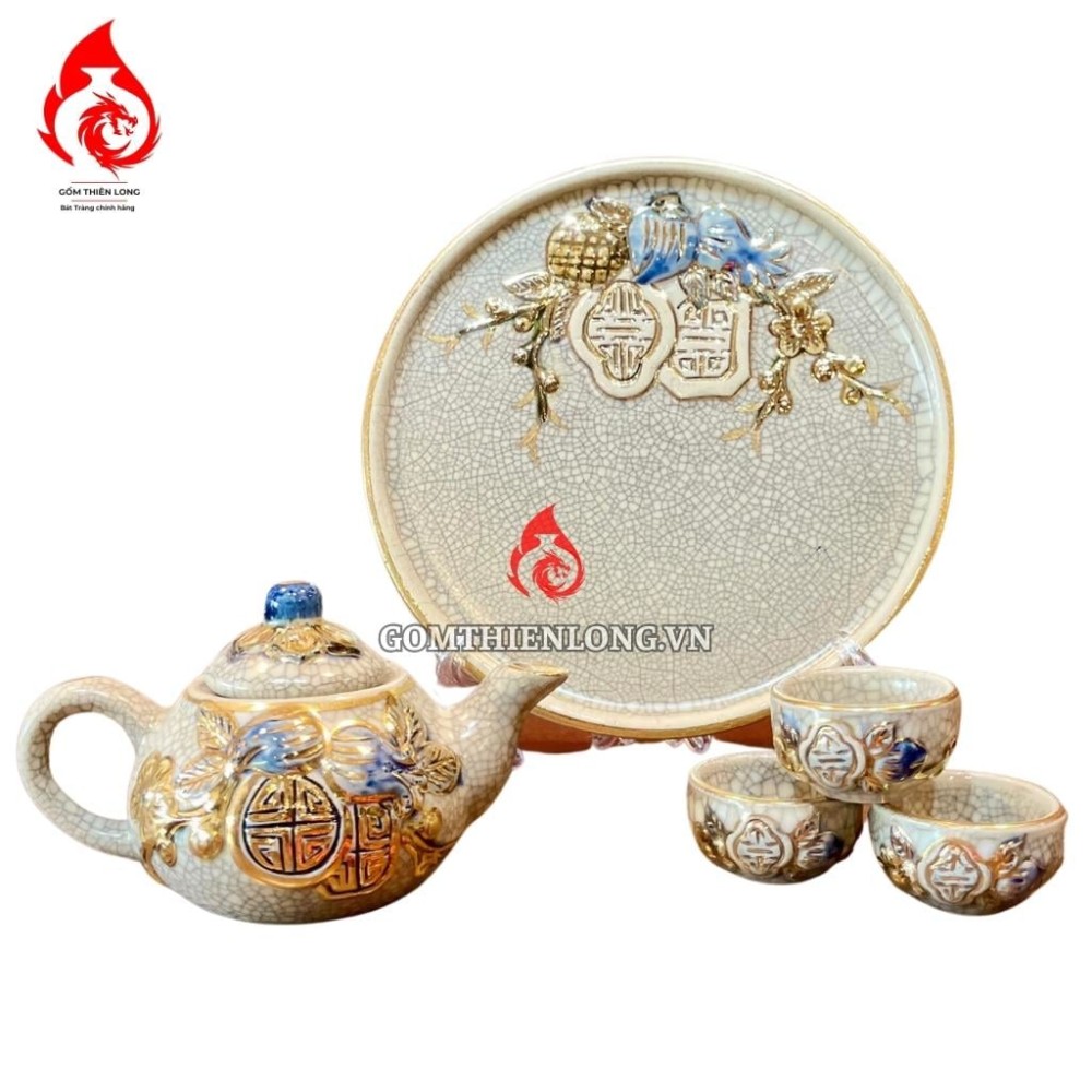 Bộ Ấm Chén Bàn Thờ Men Rạn Đắp Nổi Vẽ Vàng Thọ Đào 231130