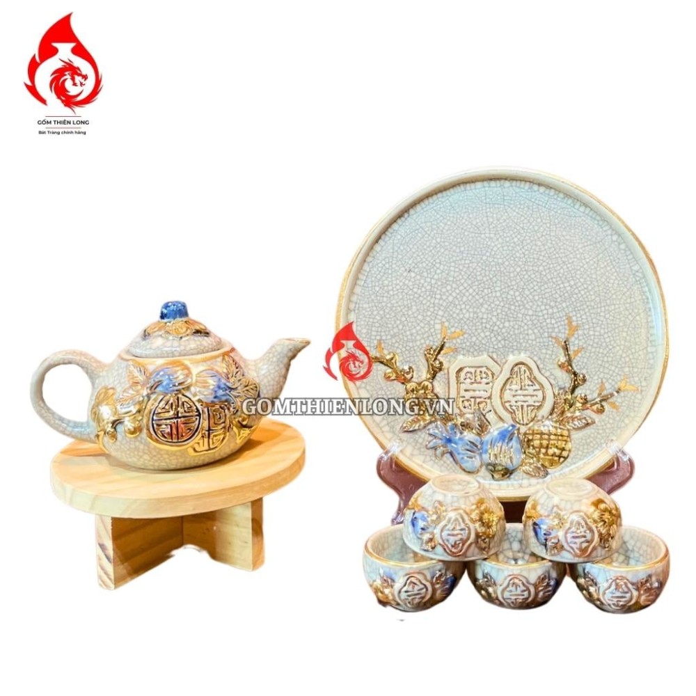 Bộ Ấm Chén Bàn Thờ Men Rạn Đắp Nổi Vẽ Vàng Thọ Đào 231130