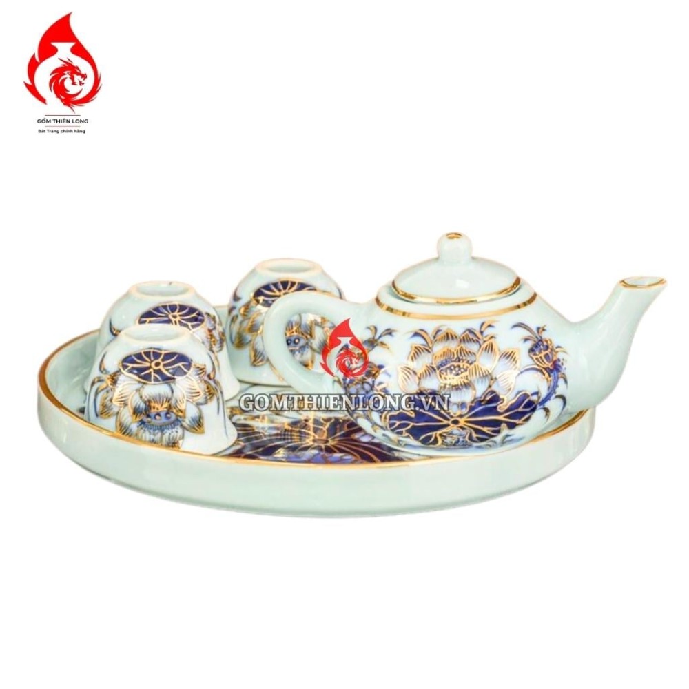Bộ Ấm Chén Bàn Thờ Men Xanh Lam Ngọc Vẽ Vàng Hoa Sen 231132