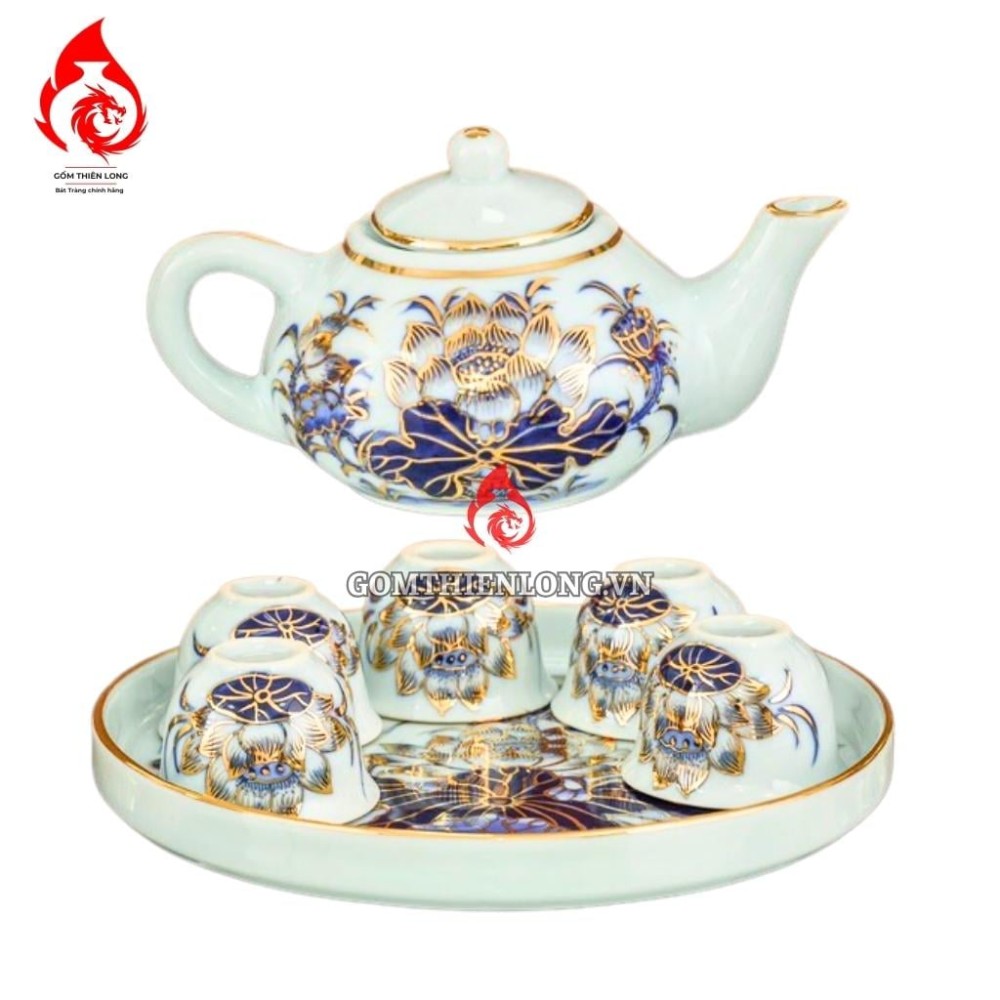 Bộ Ấm Chén Bàn Thờ Men Xanh Lam Ngọc Vẽ Vàng Hoa Sen 231132