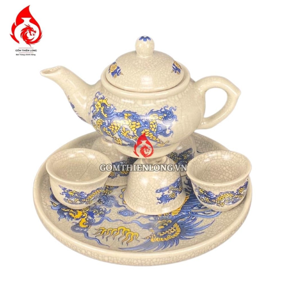 Bộ Ấm Chén Bàn Thờ Men Rạn Vẽ Rồng Phượng 231134