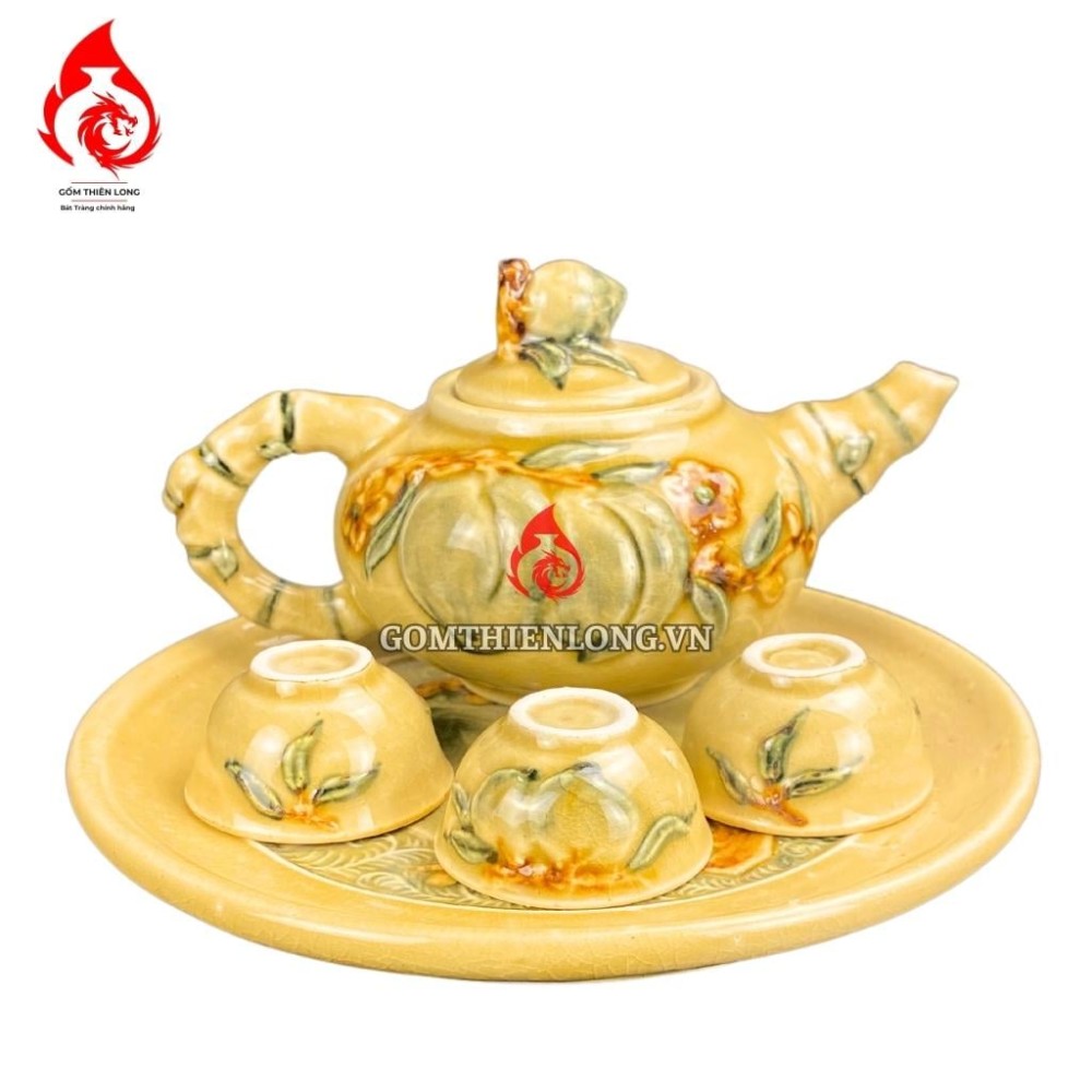 Bộ Ấm Chén Bàn Thờ Men Rạn Vàng Hoàng Lưu Ly 231135