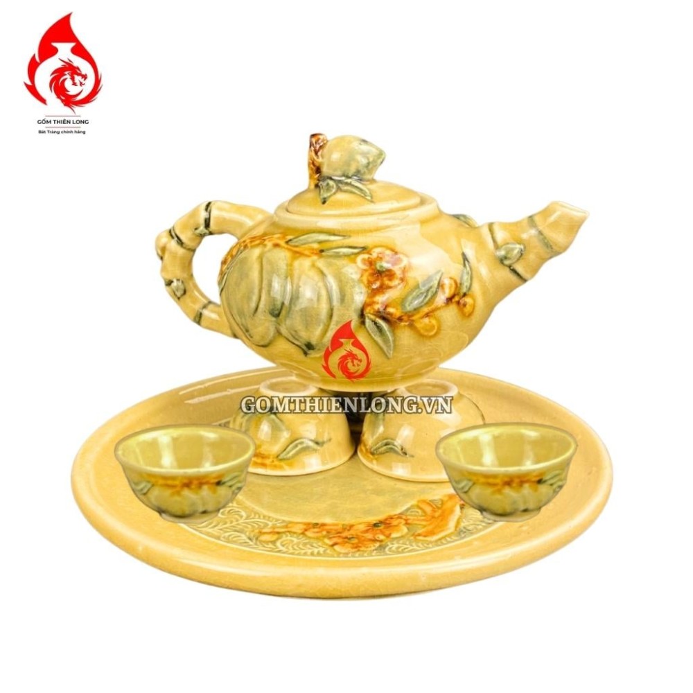 Bộ Ấm Chén Bàn Thờ Men Rạn Vàng Hoàng Lưu Ly 231135