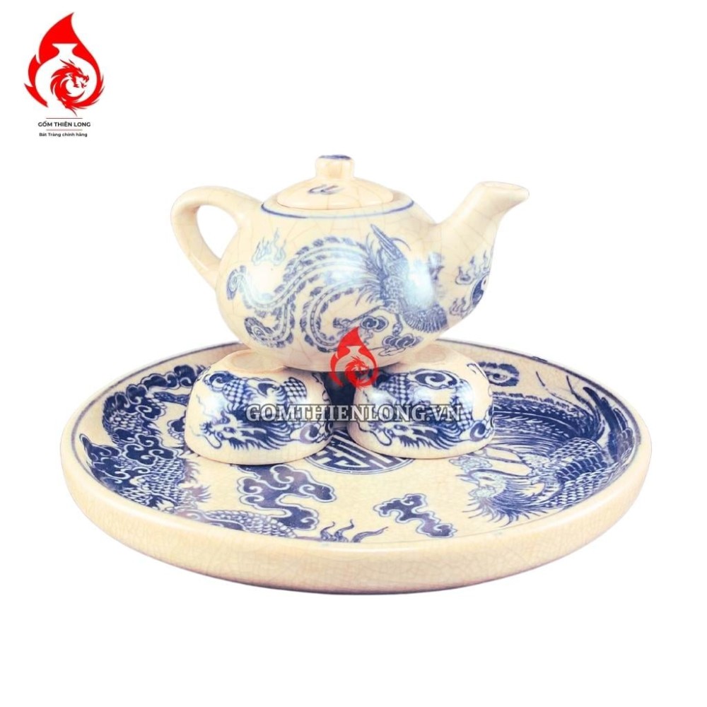 Bộ Ấm Chén Bàn Thờ Men Rạn Vẽ Rồng Phượng 231138