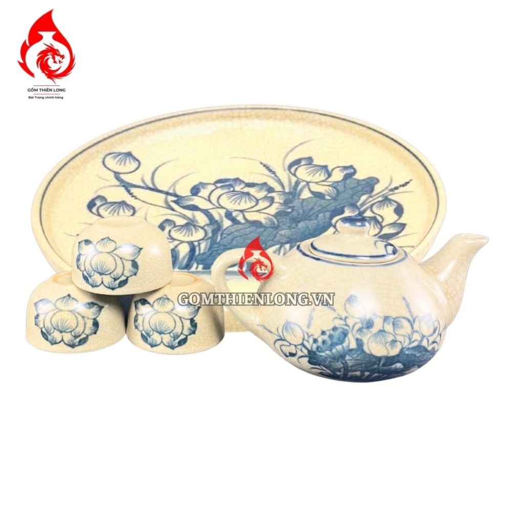 Bộ Ấm Chén Bàn Thờ Men Rạn Vẽ Hoa Sen 231139