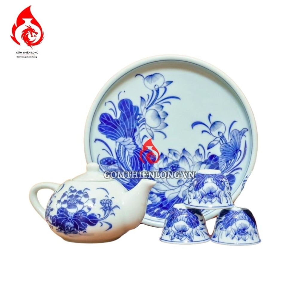 Bộ Ấm Chén Bàn Thờ Men Lam Vẽ Hoa Sen 231140