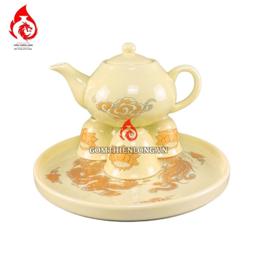 Bộ Ấm Chén Bàn Thờ Màu Vàng Vẽ Ánh Kim Hoa Sen 231142