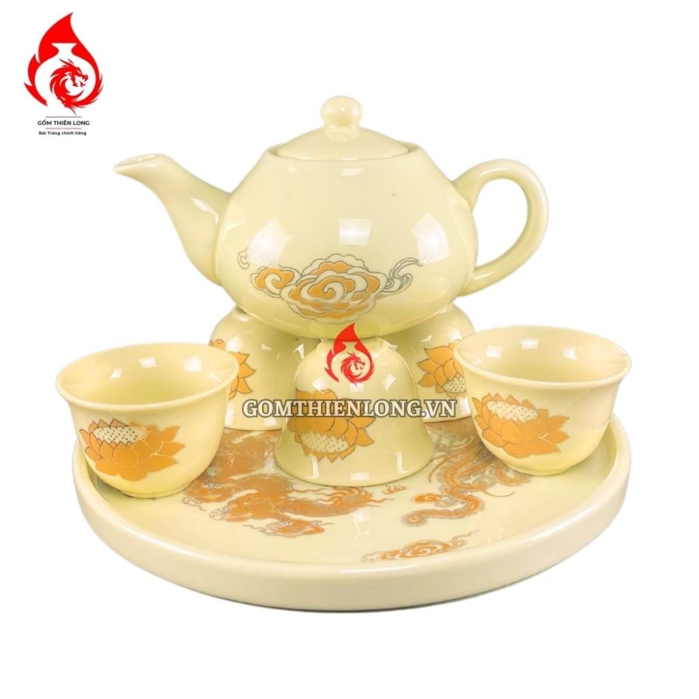 Bộ Ấm Chén Bàn Thờ Màu Vàng Vẽ Ánh Kim Hoa Sen 231142