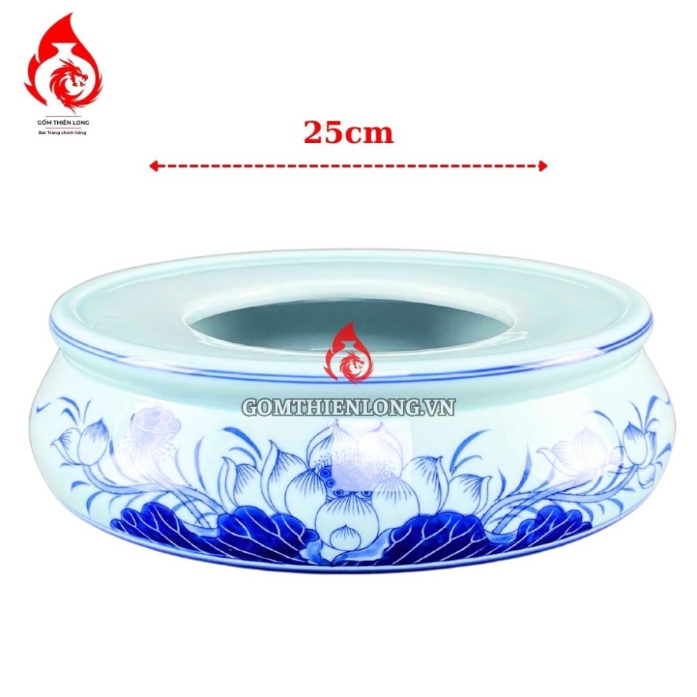 Chân Đế Bát Hương Bằng Sứ Men Lam Ngọc Vẽ Hoa Sen 231219