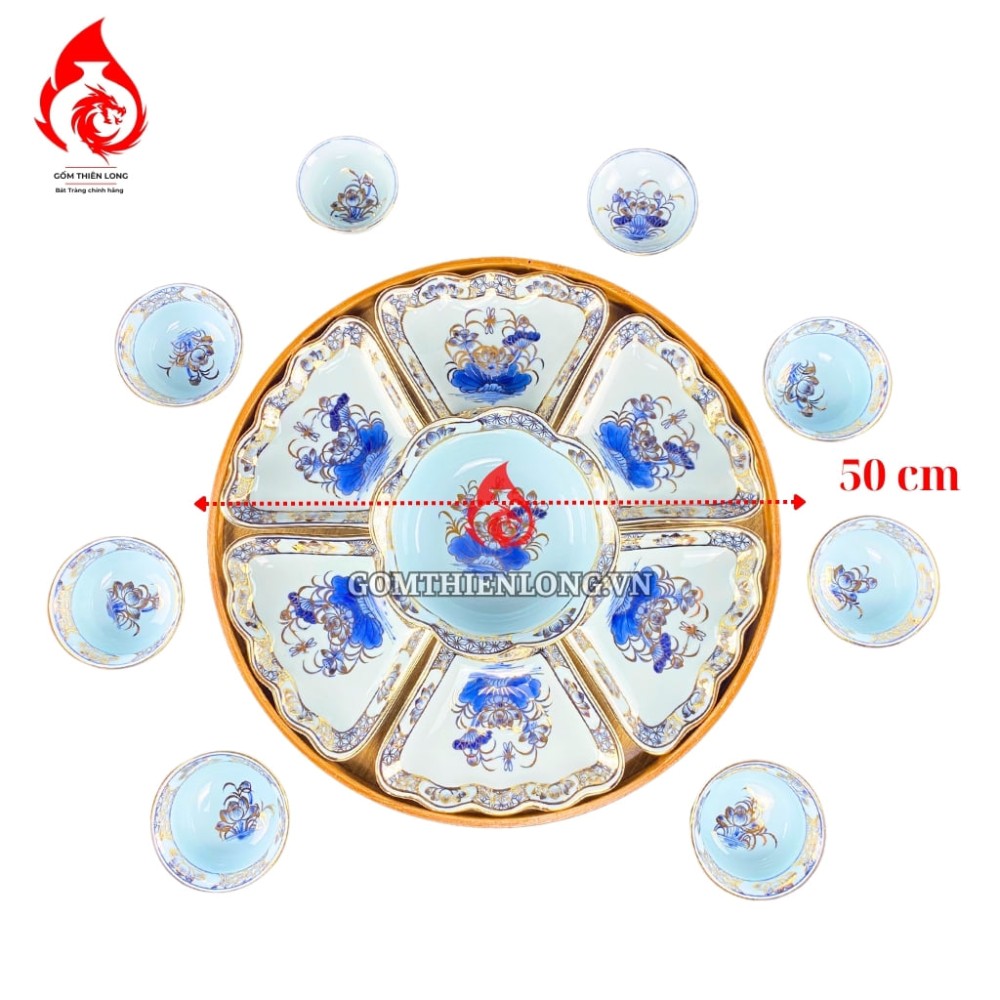 Bộ Bát Đĩa Hoa Mặt Trời Men Lam Ngọc Vẽ Vàng 231220