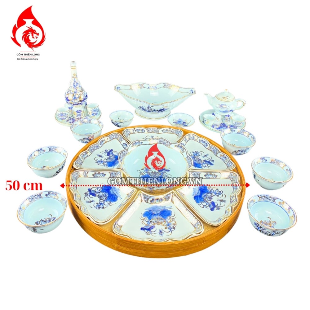 Bộ Bát Đĩa Hoa Mặt Trời Men Lam Ngọc Vẽ Vàng 231220