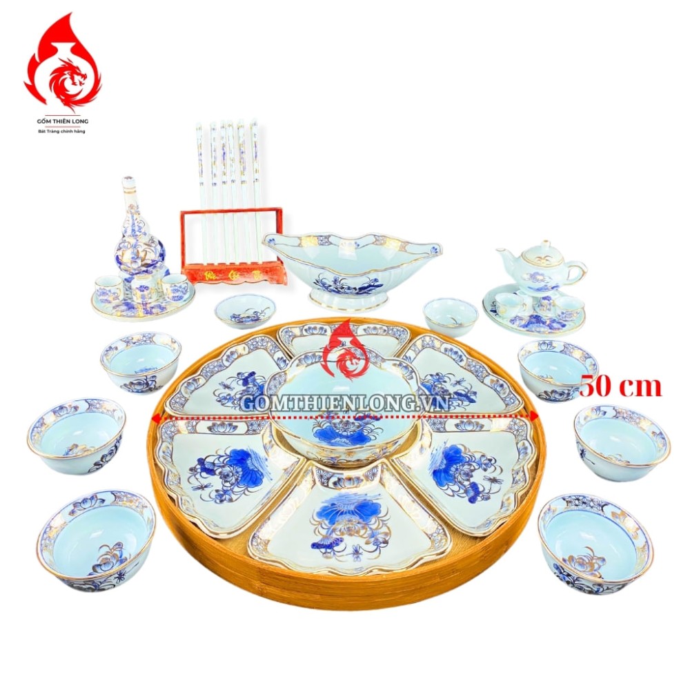 Bộ Bát Đĩa Hoa Mặt Trời Men Lam Ngọc Vẽ Vàng 231220