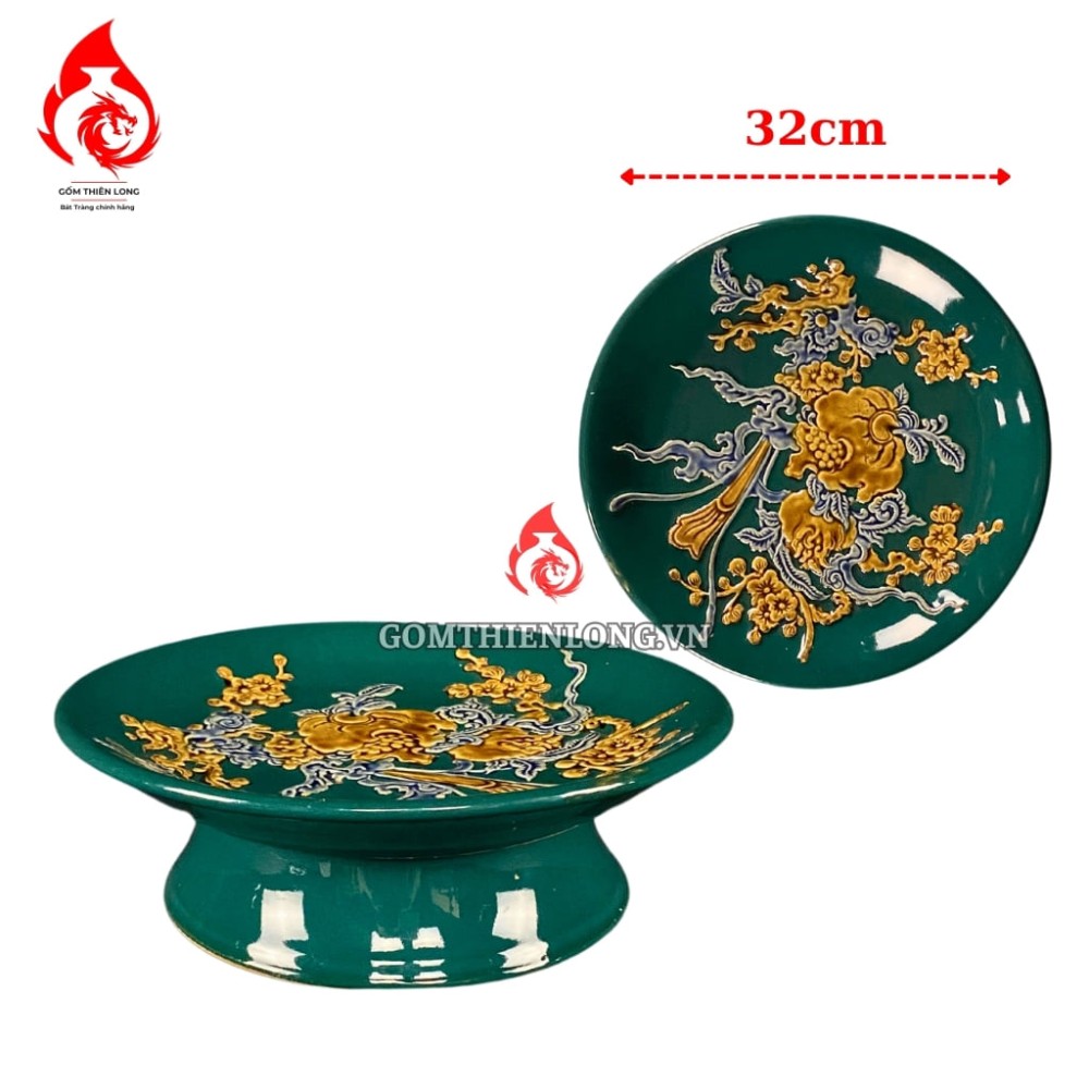 Bộ Đồ Thờ Bát Tràng Màu Xanh Lục Bảo Đắp Nổi 240101