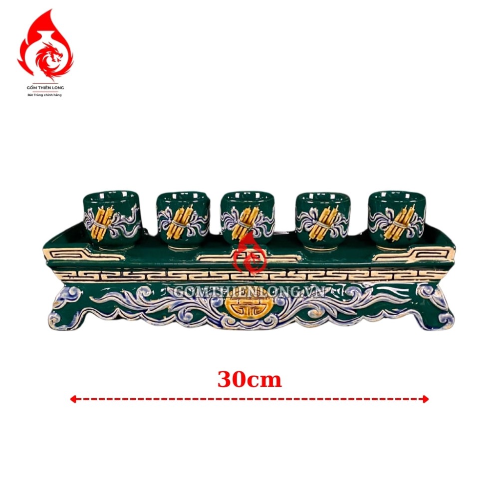 Bộ Đồ Thờ Bát Tràng Màu Xanh Lục Bảo Đắp Nổi 240101