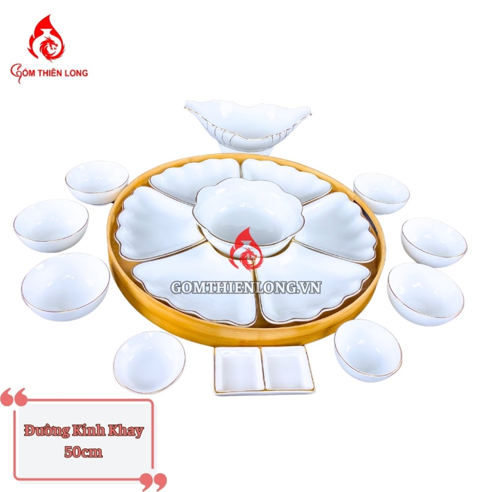 Bộ Bát Đĩa Hoa Mặt Trời Men Trắng Viền Vàng 24k 240102