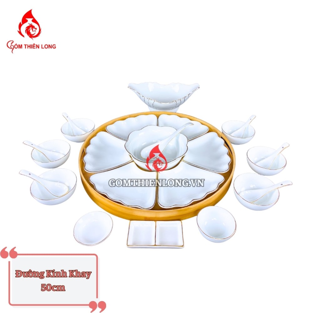 Bộ Bát Đĩa Hoa Mặt Trời Men Trắng Viền Vàng 24k 240102